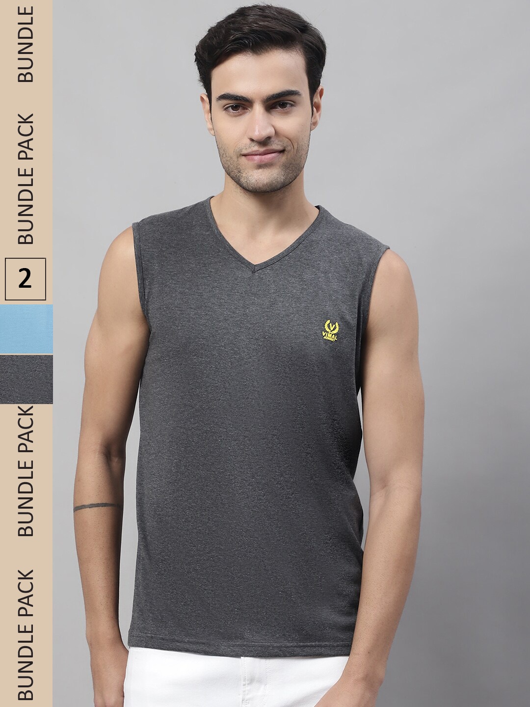 

MACK JONNEY Pack of 2 V-Neck Sleeveless Cotton T-shirt, Charcoal
