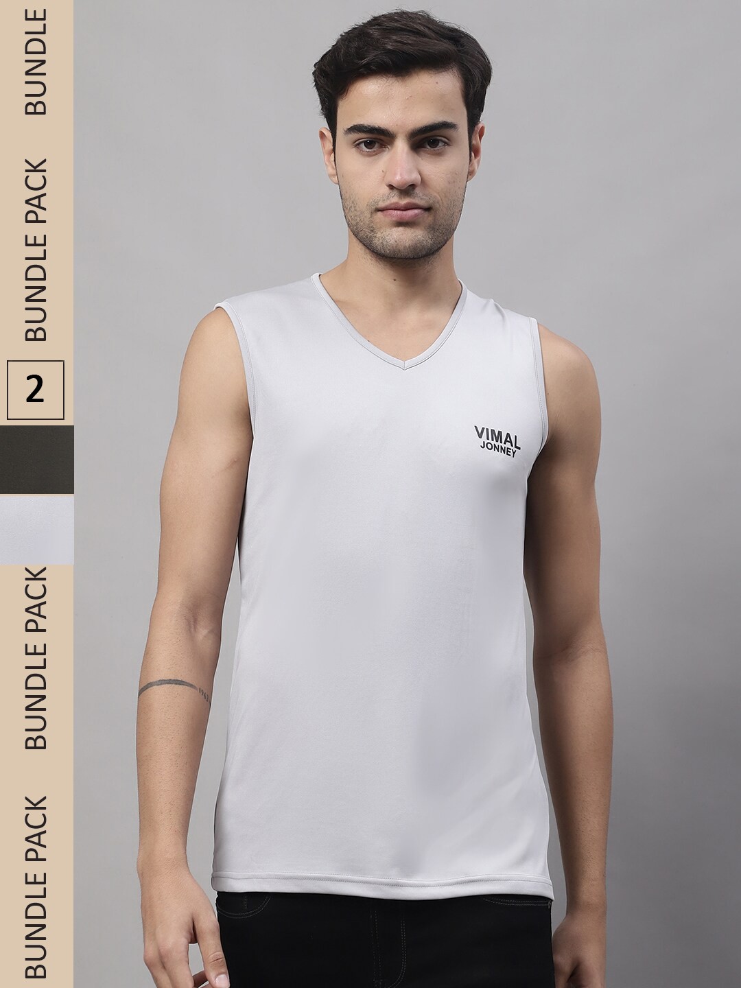 

VIMAL JONNEY Pack Of 2 V-Neck Sleeveless Dry Fit Gym T-shirt, White