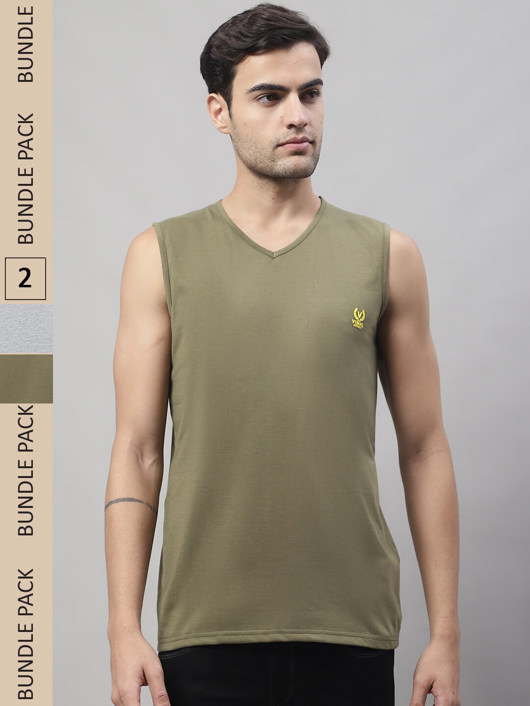 

MACK JONNEY Pack Of 2 V-Neck Sleeveless Dry Fit Gym T-shirt, Olive
