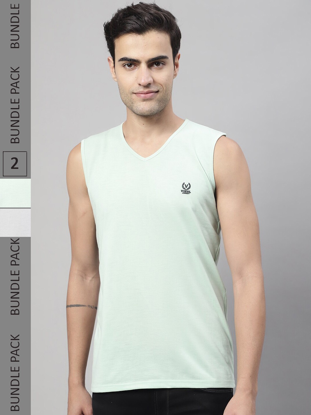 

MACK JONNEY Pack of 2 V-Neck Sleeveless Cotton T-shirts, Green