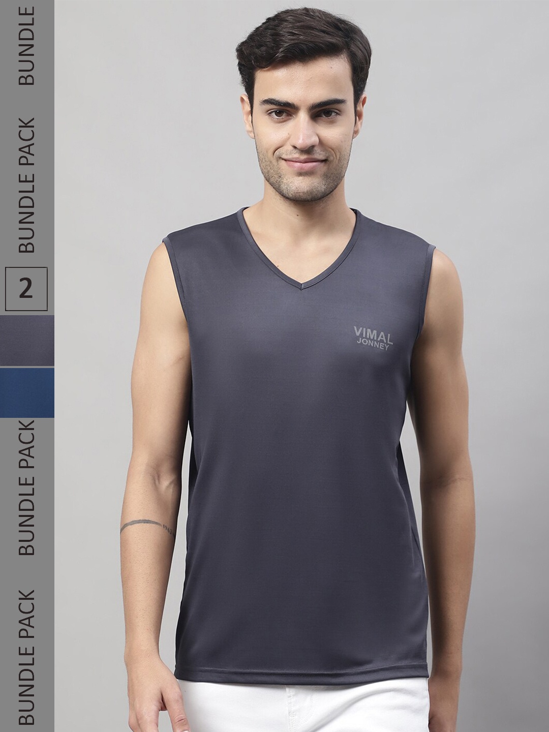 

VIMAL JONNEY Pack of 2 V-Neck Sleeveless T-shirts, Grey