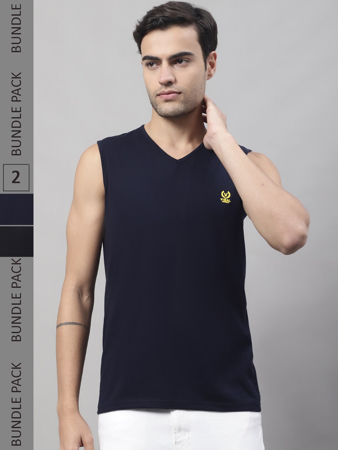 

VIMAL JONNEY Pack of 2 V-Neck Sleeveless Cotton T-shirts, Navy blue