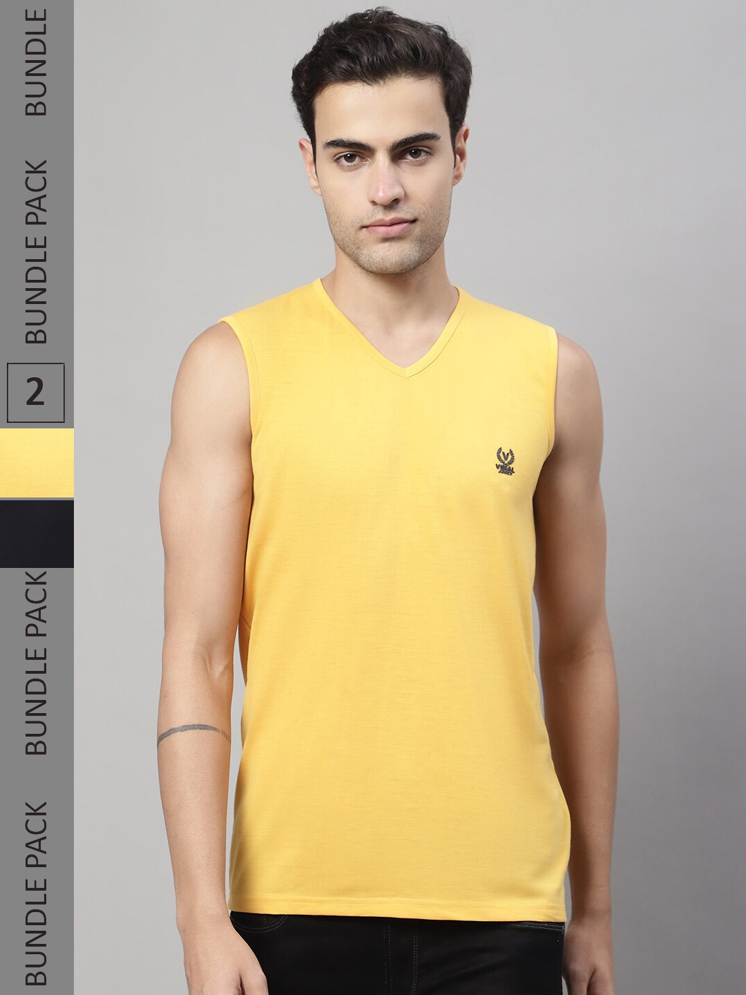 

MACK JONNEY Pack of 2 V-Neck Sleeveless Cotton T-shirt, Yellow