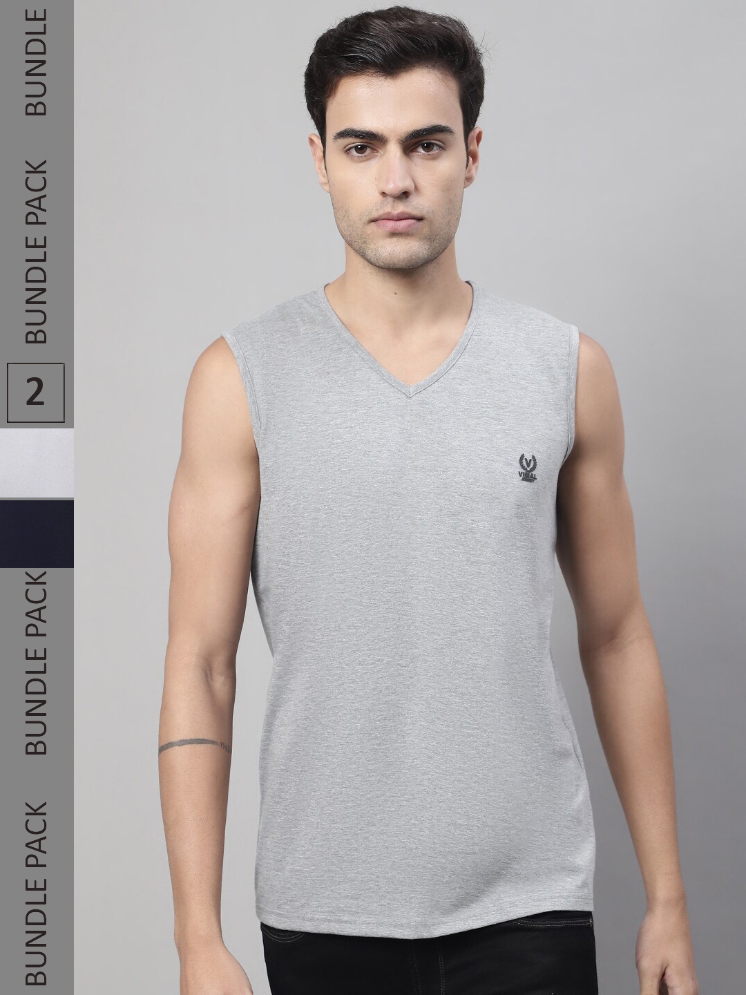 

MACK JONNEY Pack Of 2 V-Neck Sleeveless Cotton T-shirt, Grey