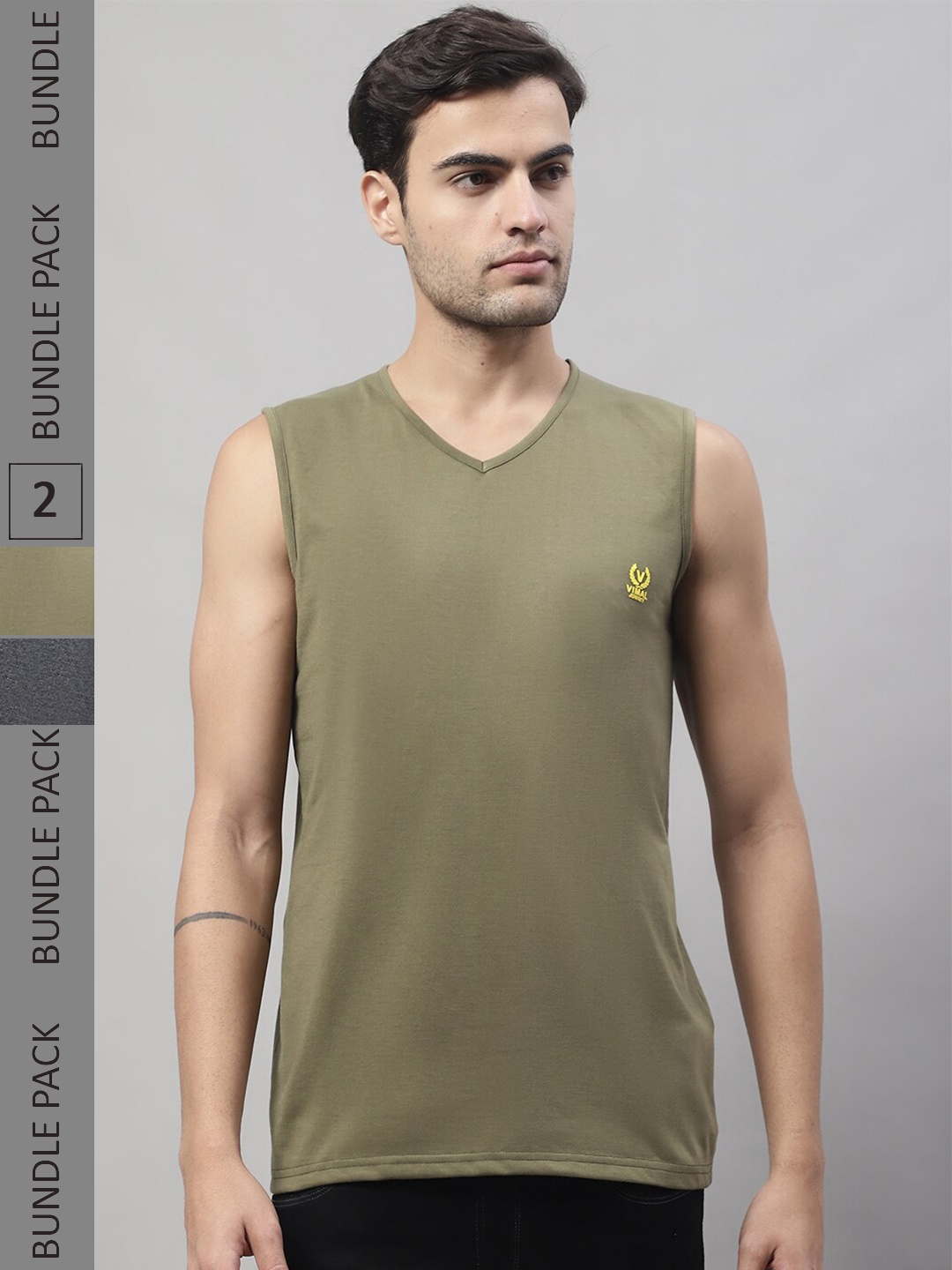 

VIMAL JONNEY Pack Of 2 V-Neck Sleeveless Cotton Sports Vest T-shirt, Olive