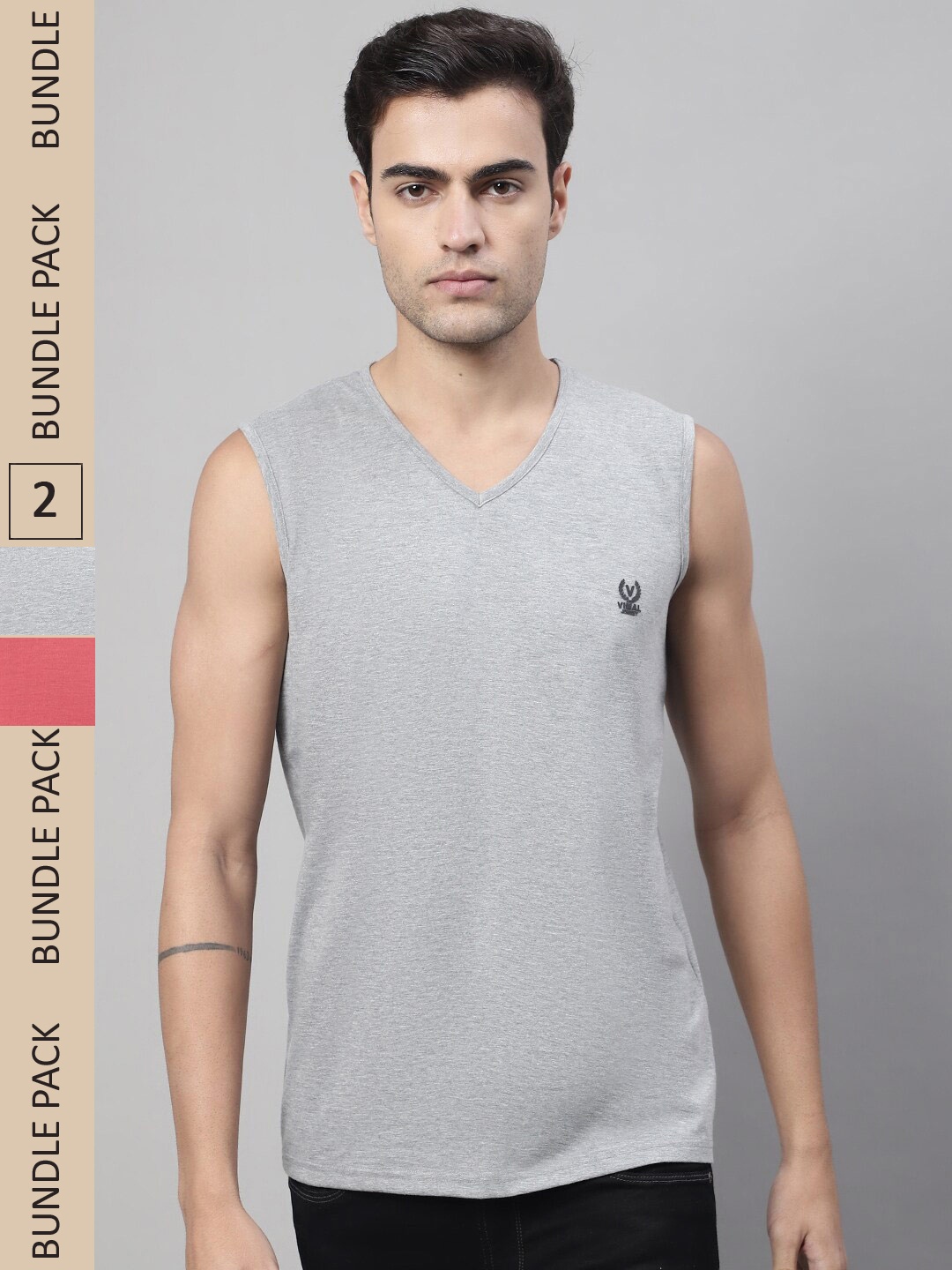 

MACK JONNEY Pack Of 2 V-Neck Sleeveless Cotton T-shirt, Grey melange