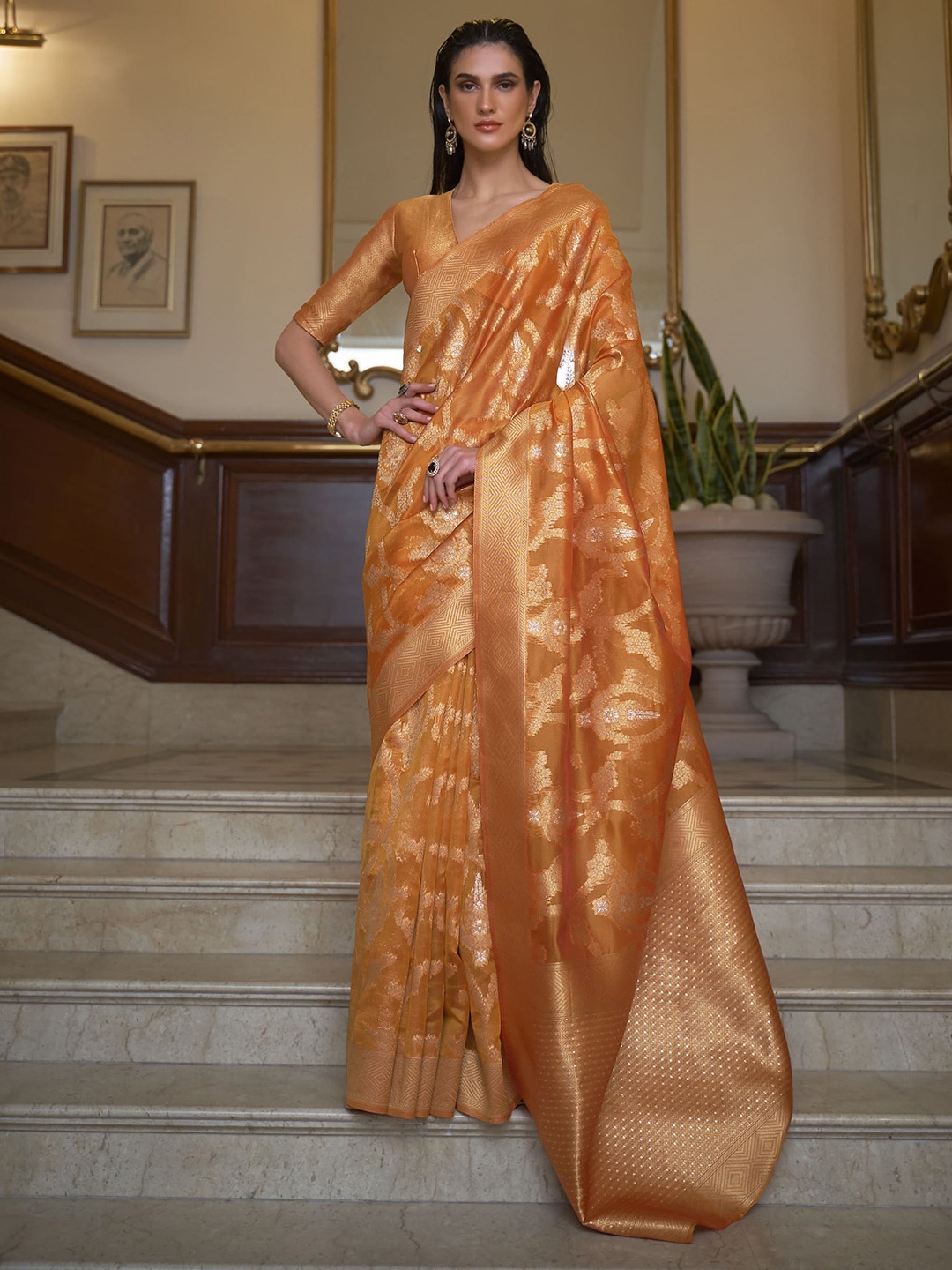 

elora Woven Design Organza Banarasi Saree, Orange