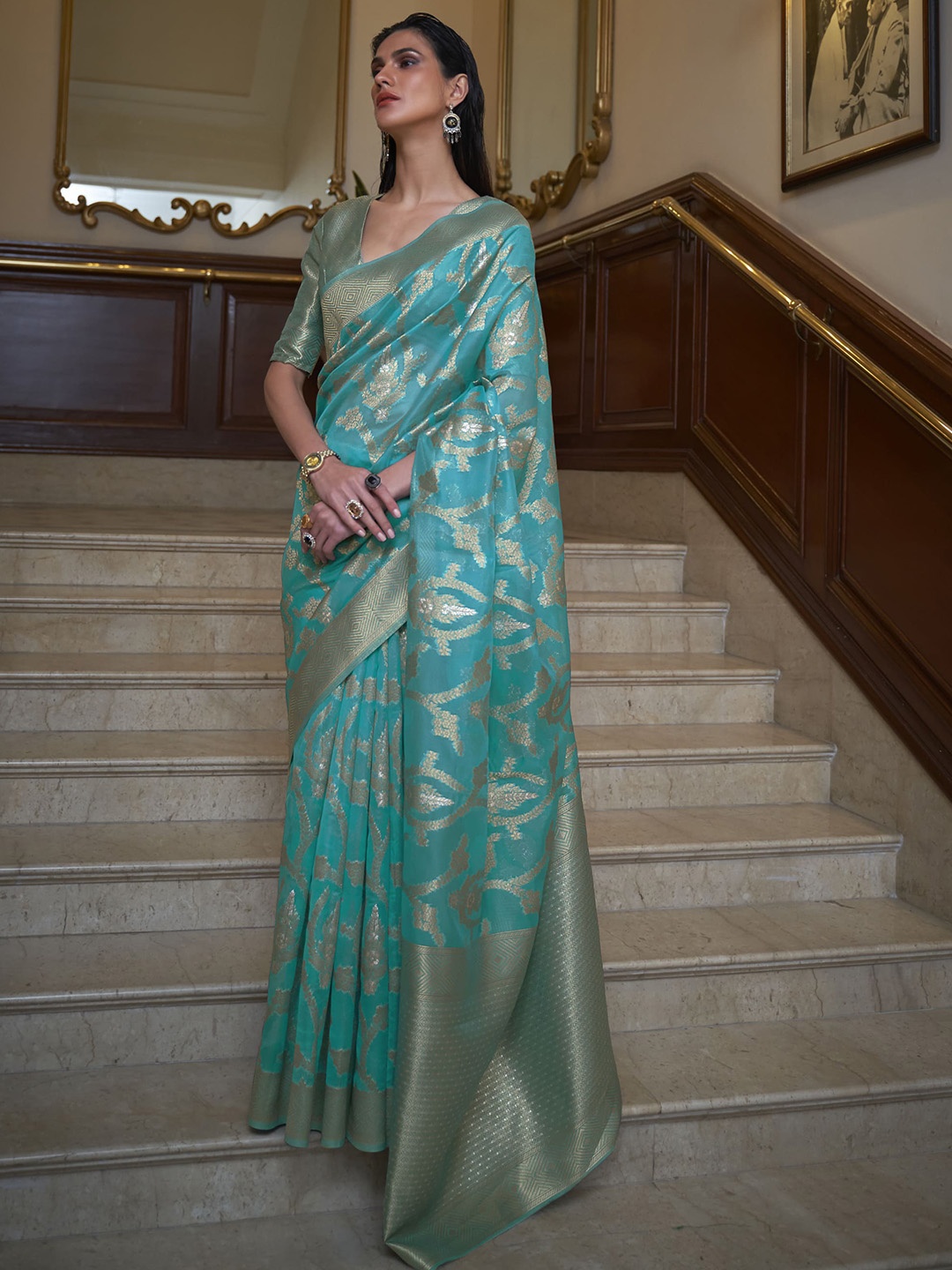 

elora Floral Woven Design Organza Banarasi Saree, Turquoise blue