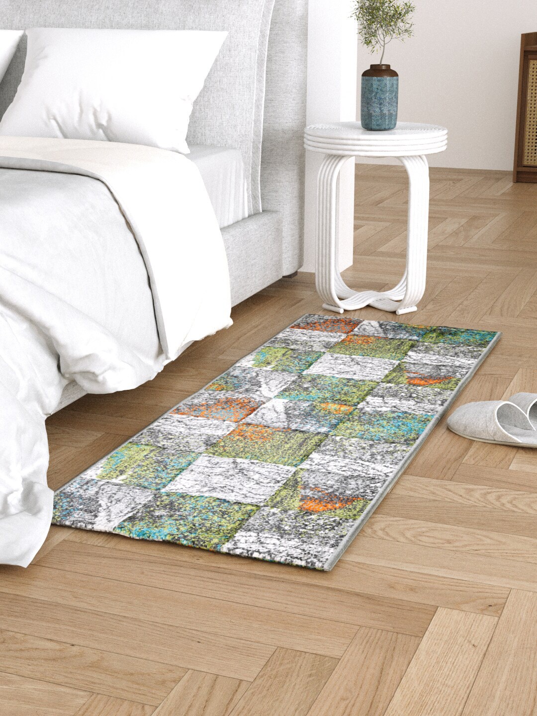 

Clasiko Grey & Green Checks Design Anti Skid Backing Bedside Runner