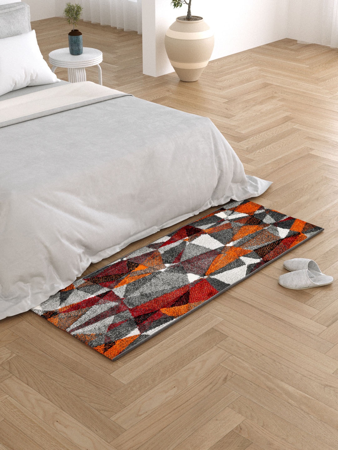 

Clasiko Grey & Orange-Colored Geometric Design Anti Skid Backing Bedside Runner