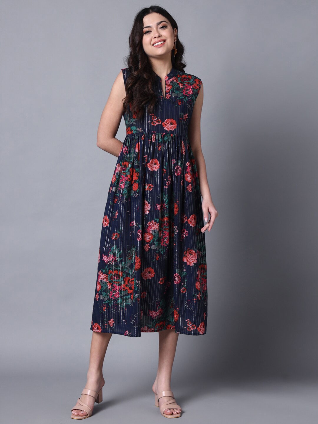 

DECKEDUP Band Collar Floral Printed Cotton Midi Dress, Blue