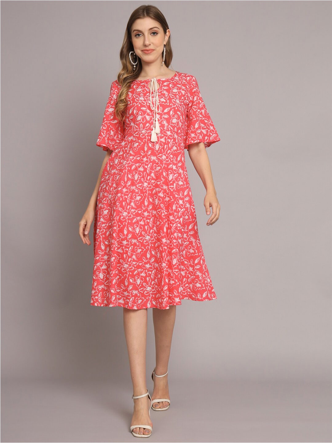 

DECKEDUP Tie-Up Neck Floral Printed Cotton A-Line Midi Dress, Pink