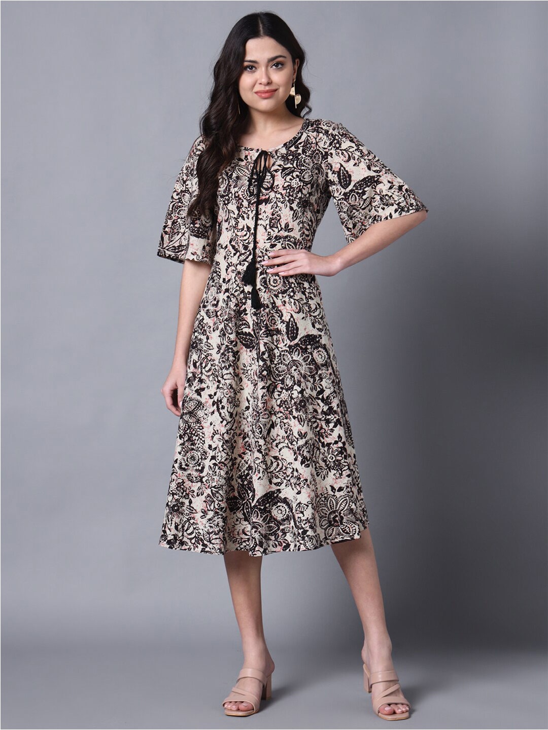

DECKEDUP Tie-Up Neck Floral Printed Cotton A-Line Midi Dress, Off white