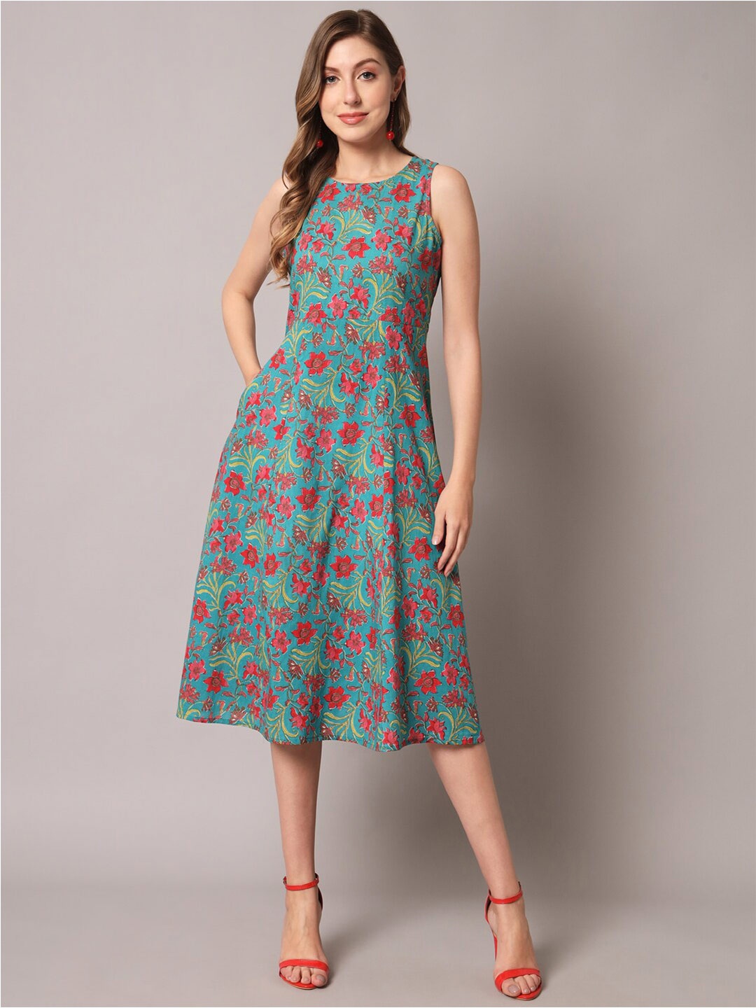 

DECKEDUP Round Neck Floral Printed Cotton A-Line Midi Dress, Blue