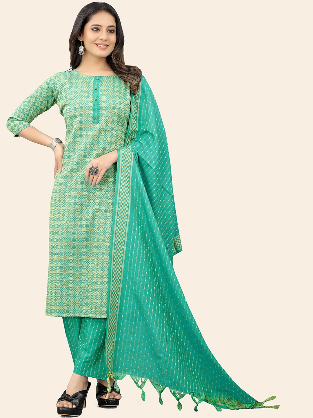 

KALINI Ethnic Motifs Printed Kurta with Trousers & Dupatta, Green