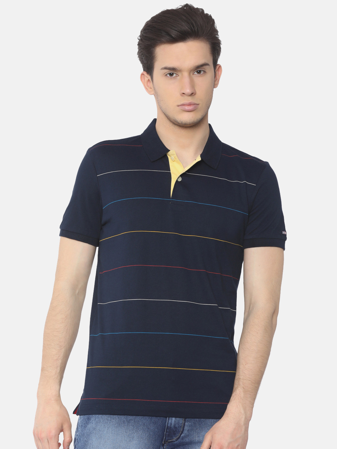 

Arrow Sport Men Navy Striped Polo Pure Cotton T-shirt, Navy blue