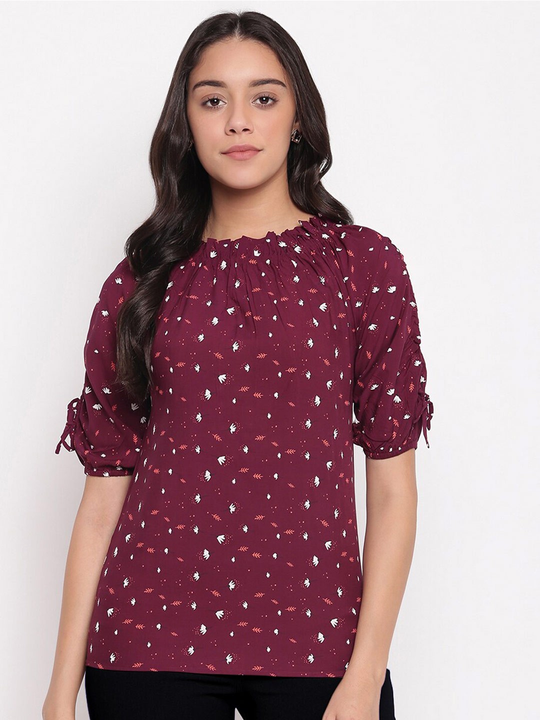 

Miss Grace Conversational Printed Roll-Up Sleeves Top, Maroon