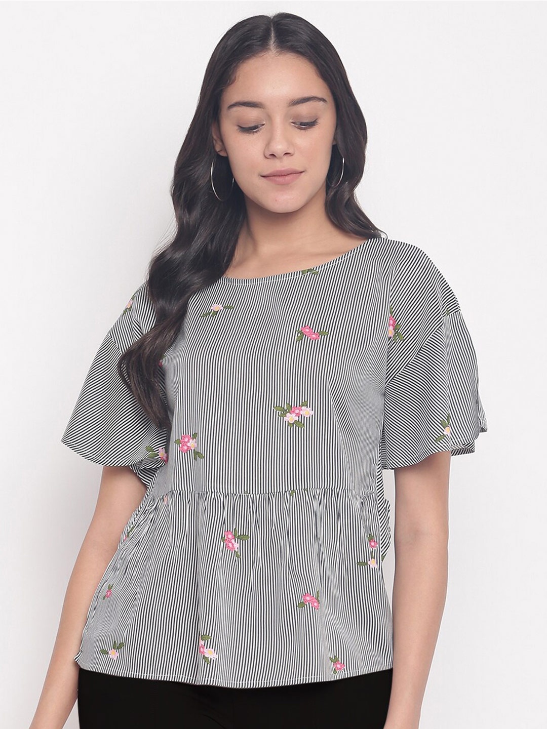 

Miss Grace Floral Print Peplum Top, Black