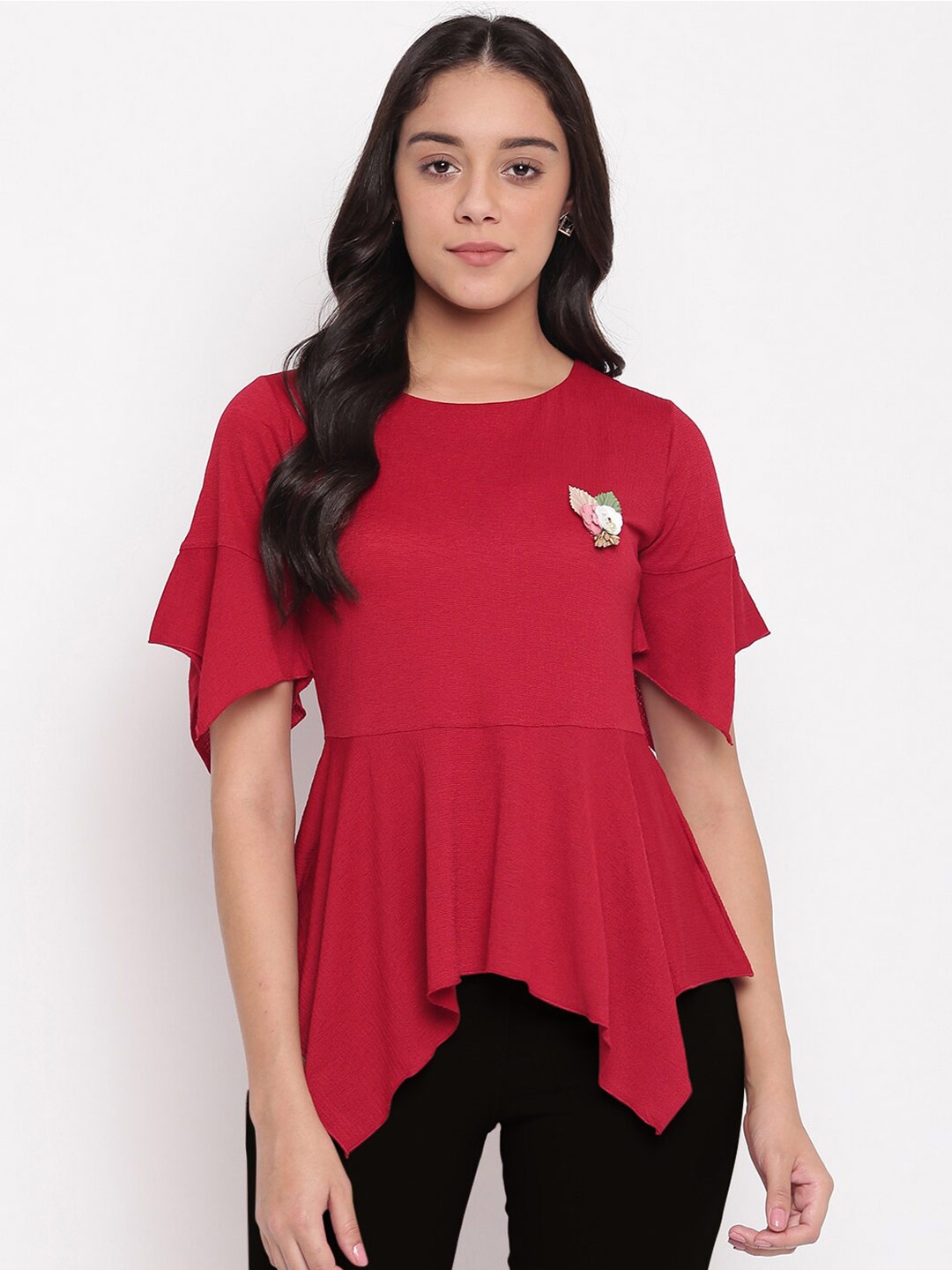 

Miss Grace Flared Sleeves Longline Peplum Top, Red