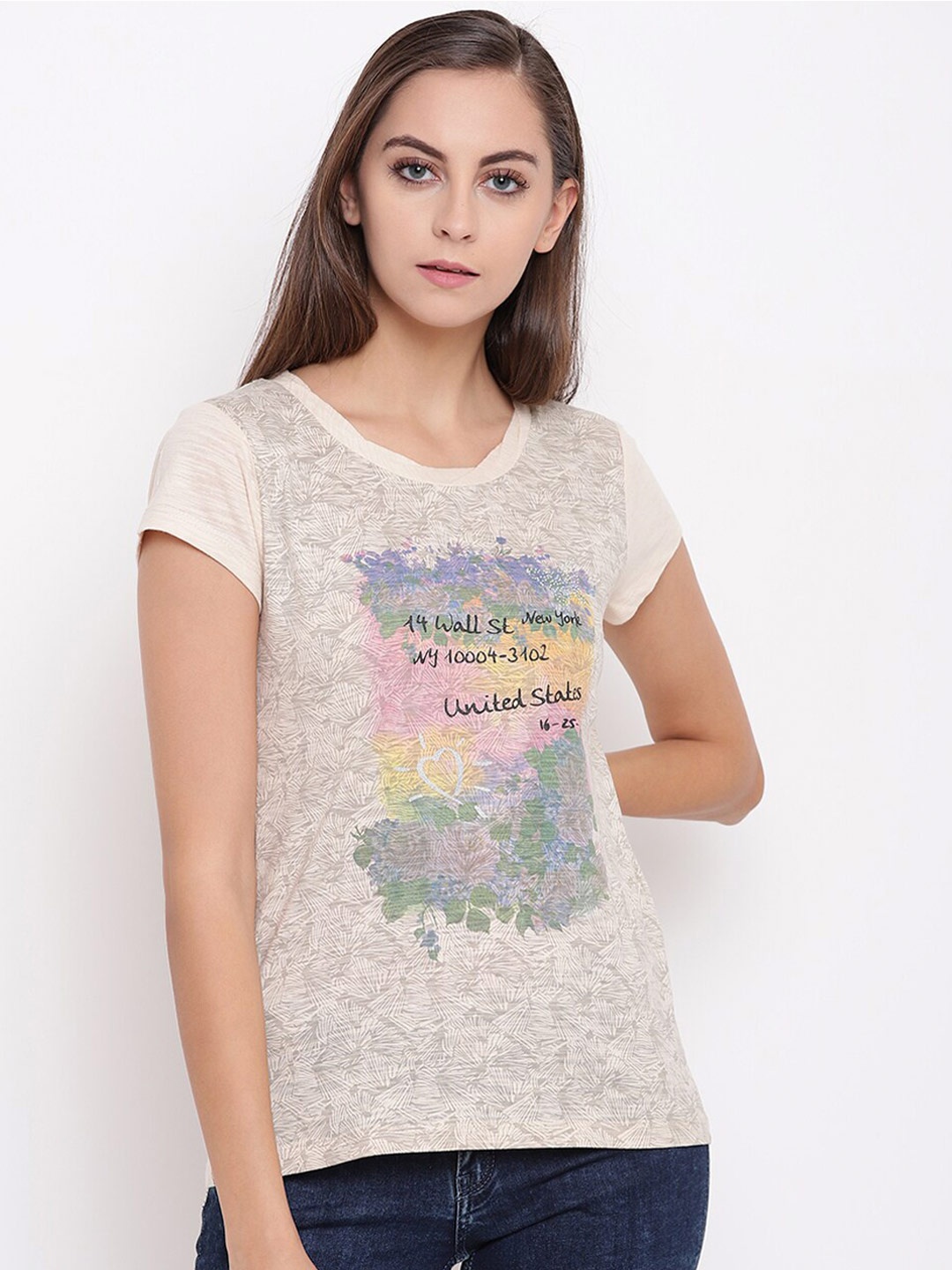 

Miss Grace Graphic Printed Short Sleeves Top, Beige