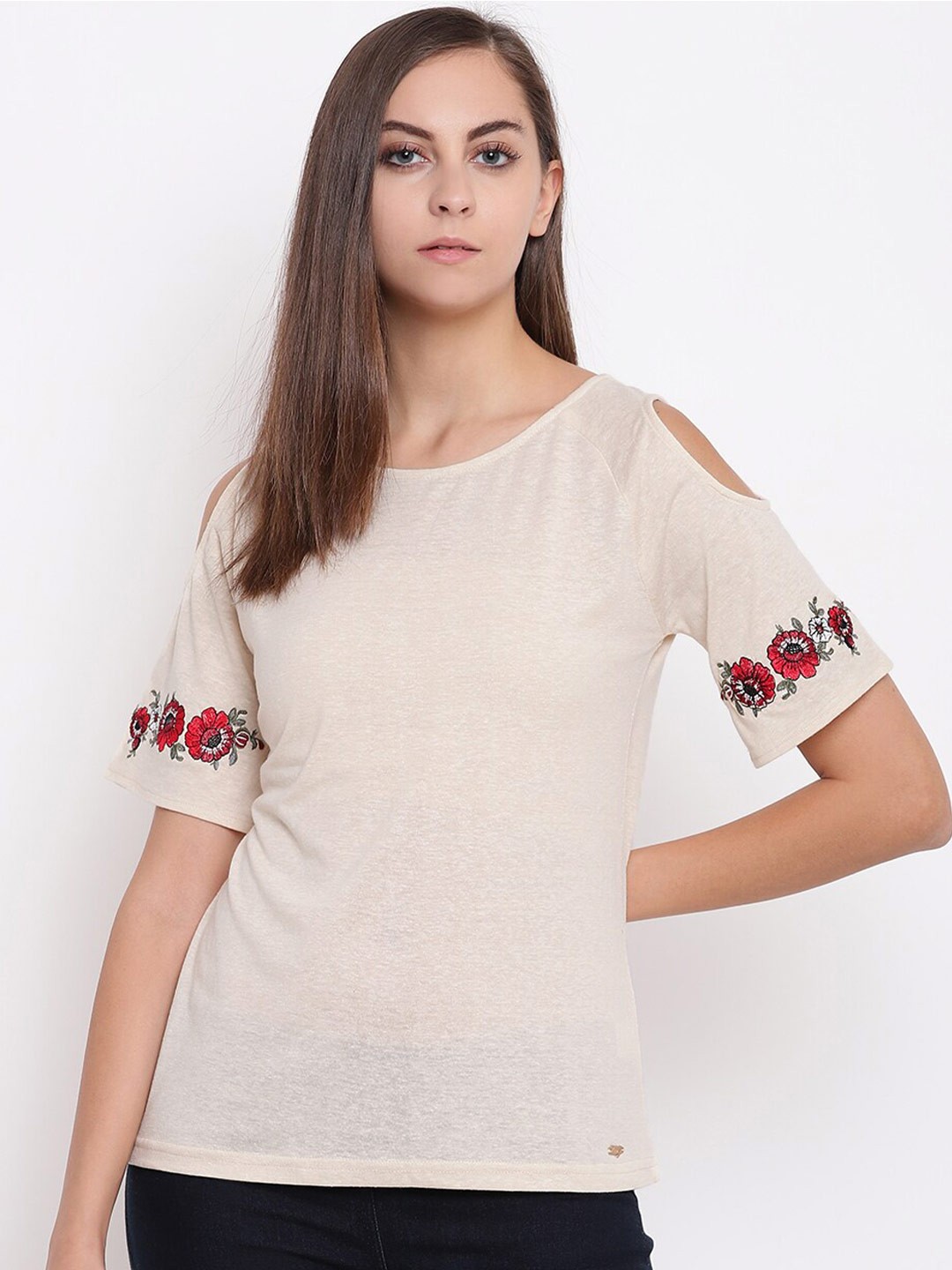 

Miss Grace Cold-Shoulder Sleeves Top, Beige