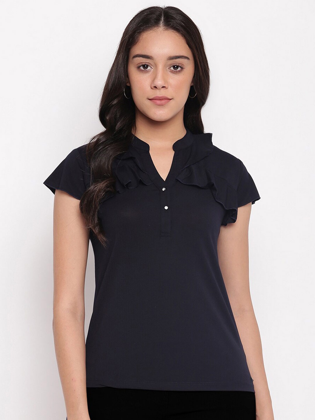 

Miss Grace Mandarin Collar Cap Sleeves Ruffles Top, Navy blue