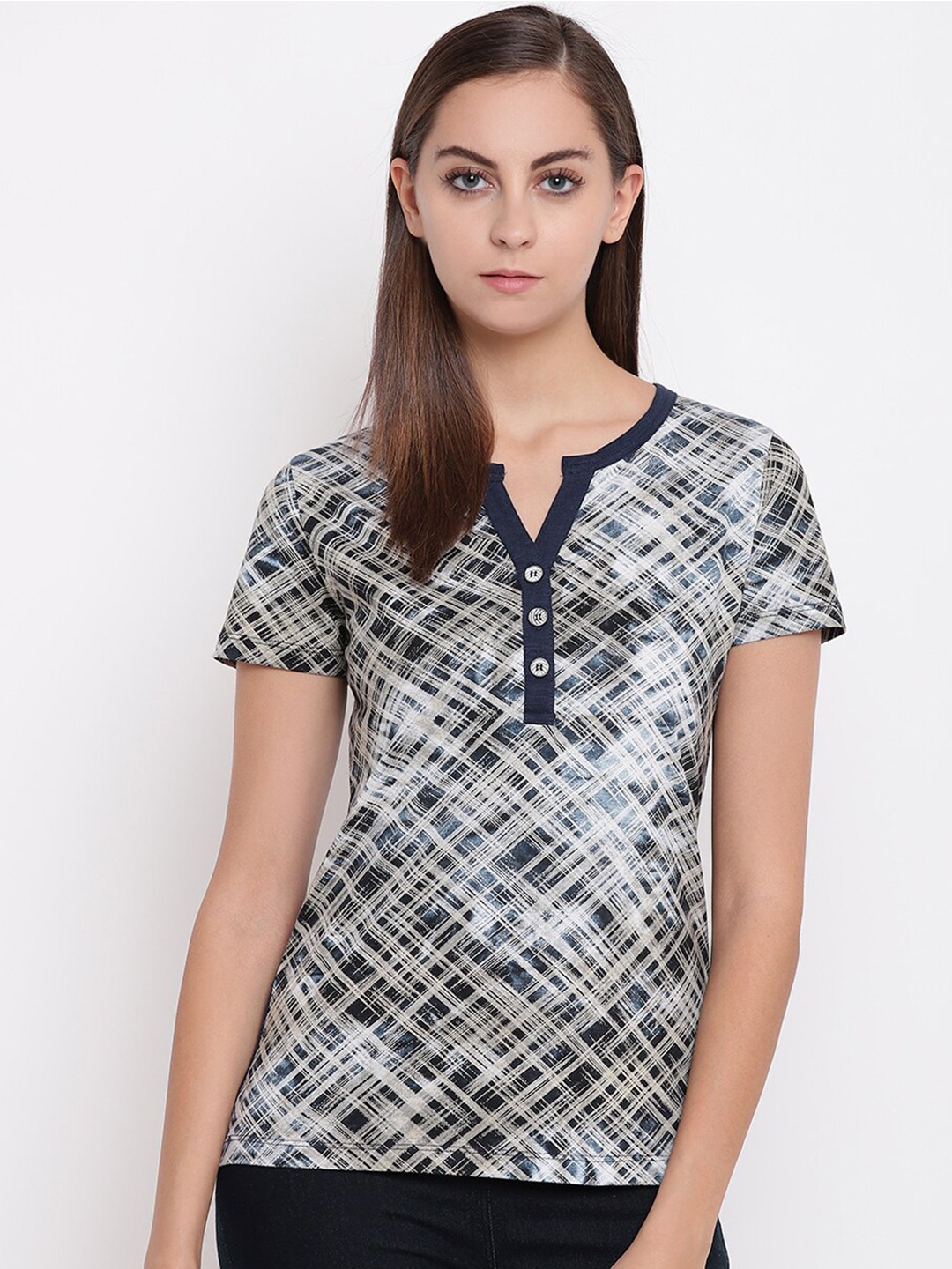 

Miss Grace Short Sleeved Checked Top, Navy blue