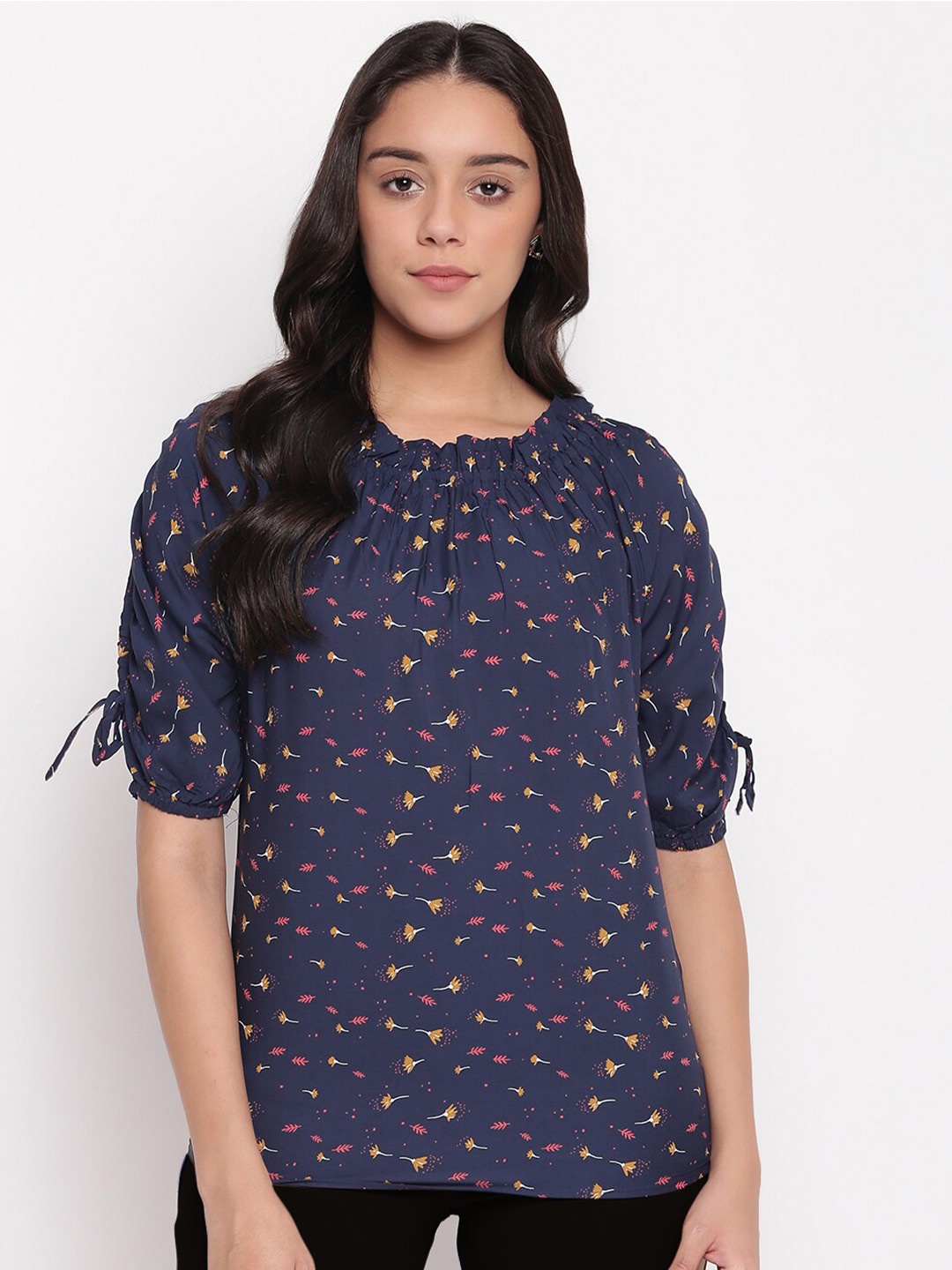 

Miss Grace Floral Printed Round Neck Top, Navy blue