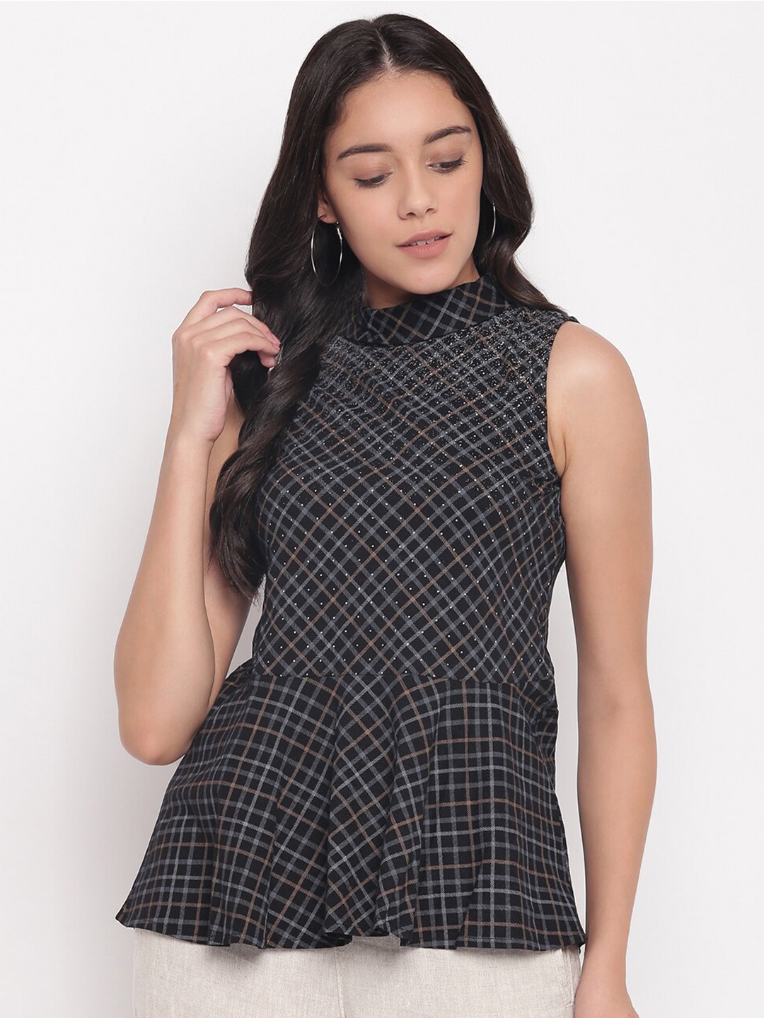 

Miss Grace Checked High Neck Peplum Top, Black
