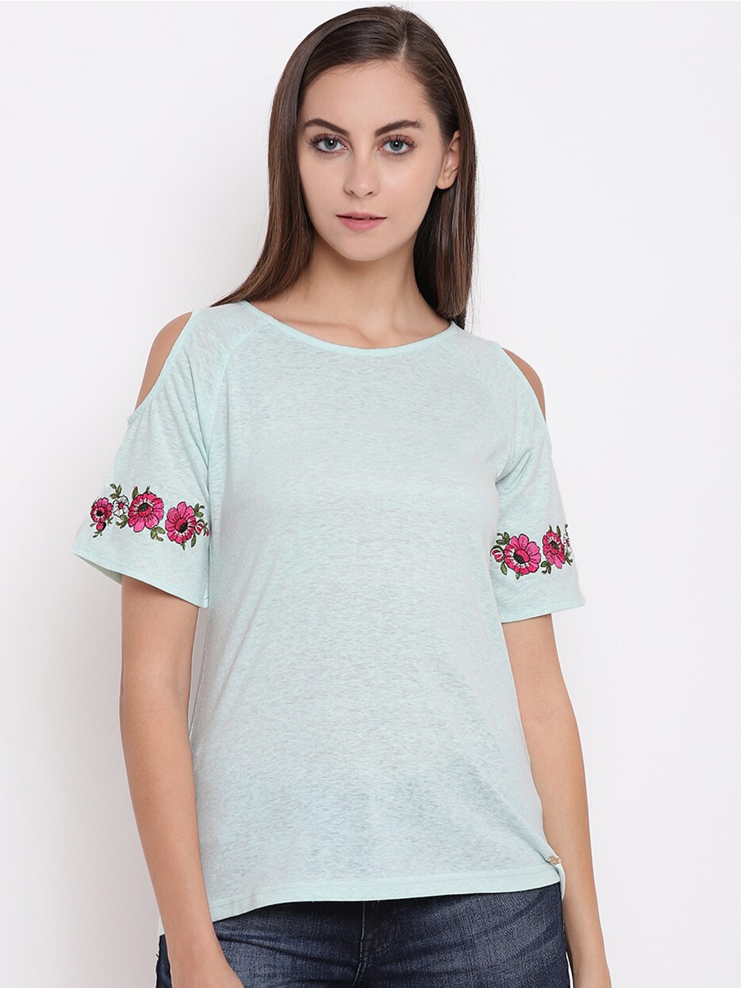 

Miss Grace Round Neck Cold Shoulder Sleeves Embroidered Top, Sea green