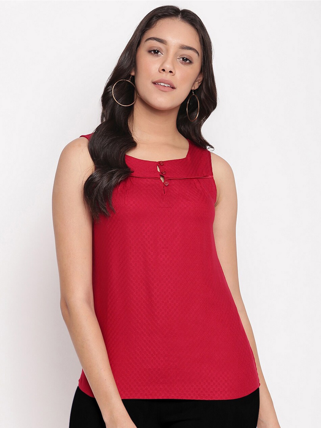 

Miss Grace Self Design Keyhole Neck Sleeveless Top, Red