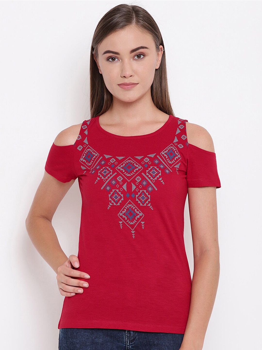 

Miss Grace Geometric Embroidered Cold-Shoulder Sleeves Top, Red
