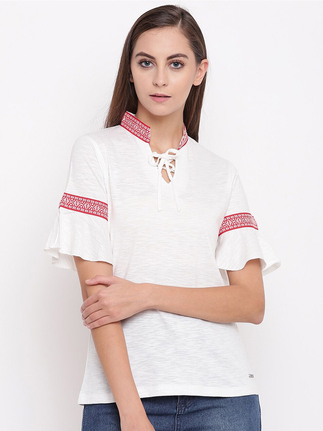 

Miss Grace Ethnic Motifs Printed Tie-Up Neck Top, Off white