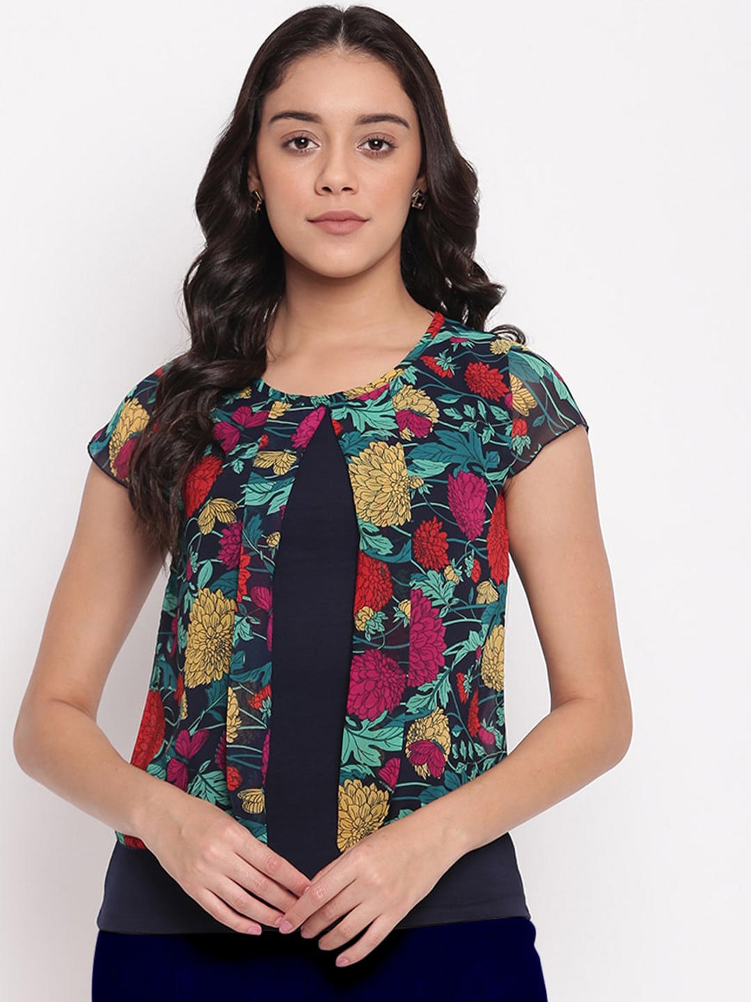 

Miss Grace Floral Printed Front Slit Pleated Top, Navy blue