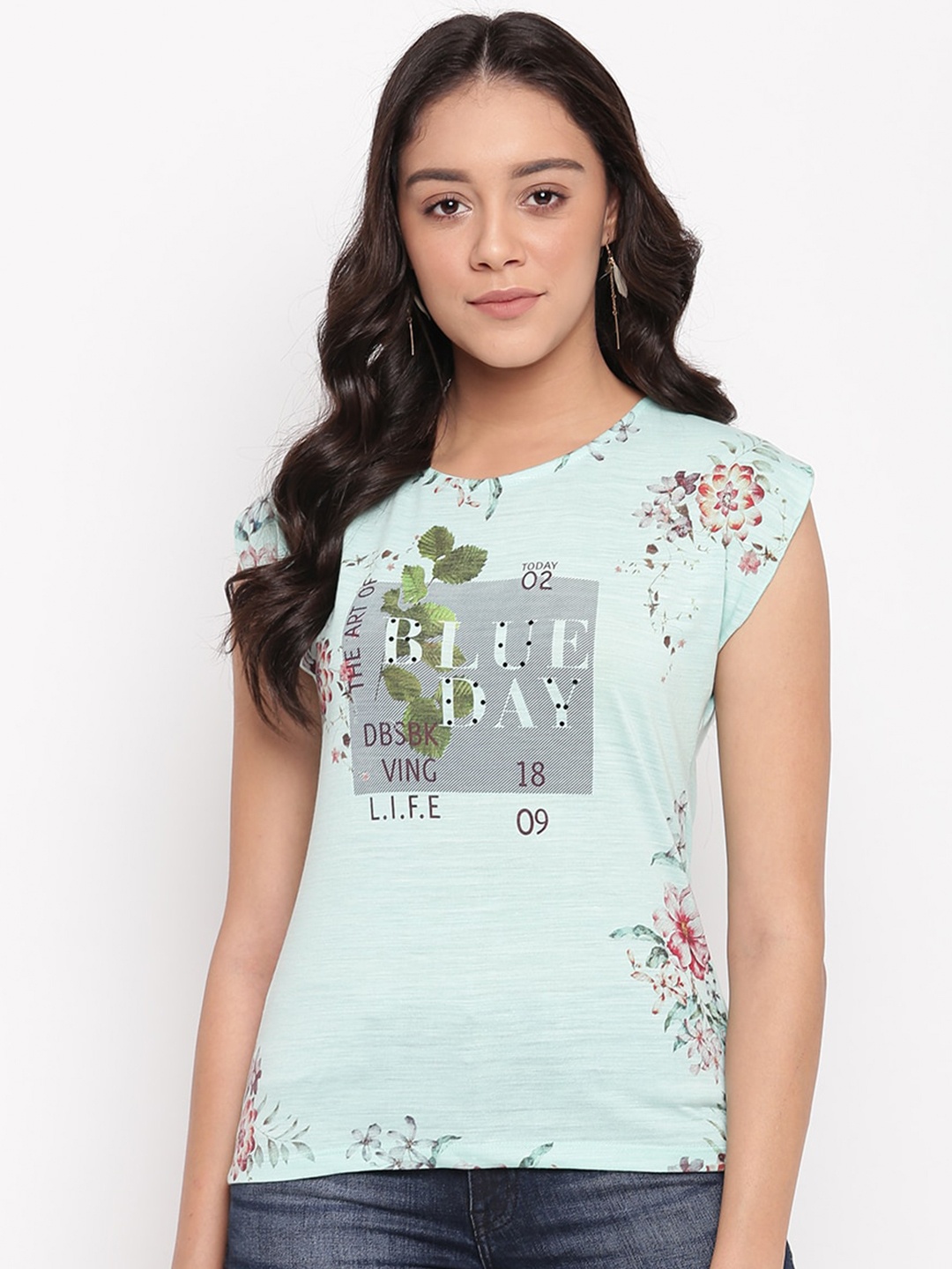 

Miss Grace Floral Printed Round Neck Extended Sleeves Top, Green
