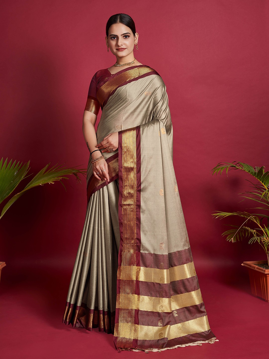 

Mitera Ethnic Motifs Woven Design Zari Silk Blend Saree, Beige