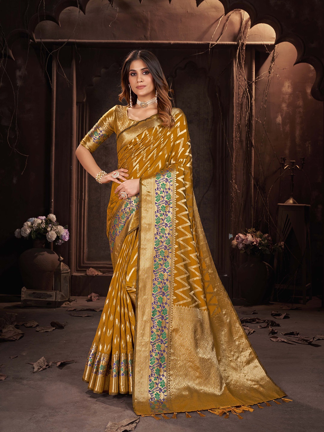 

Mitera Striped Woven Design Zari Silk Blend Saree, Mustard
