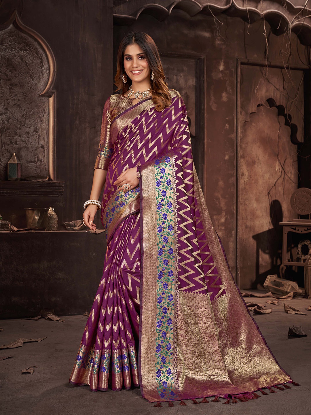 

Mitera Chevron Zari Woven Design Saree, Purple