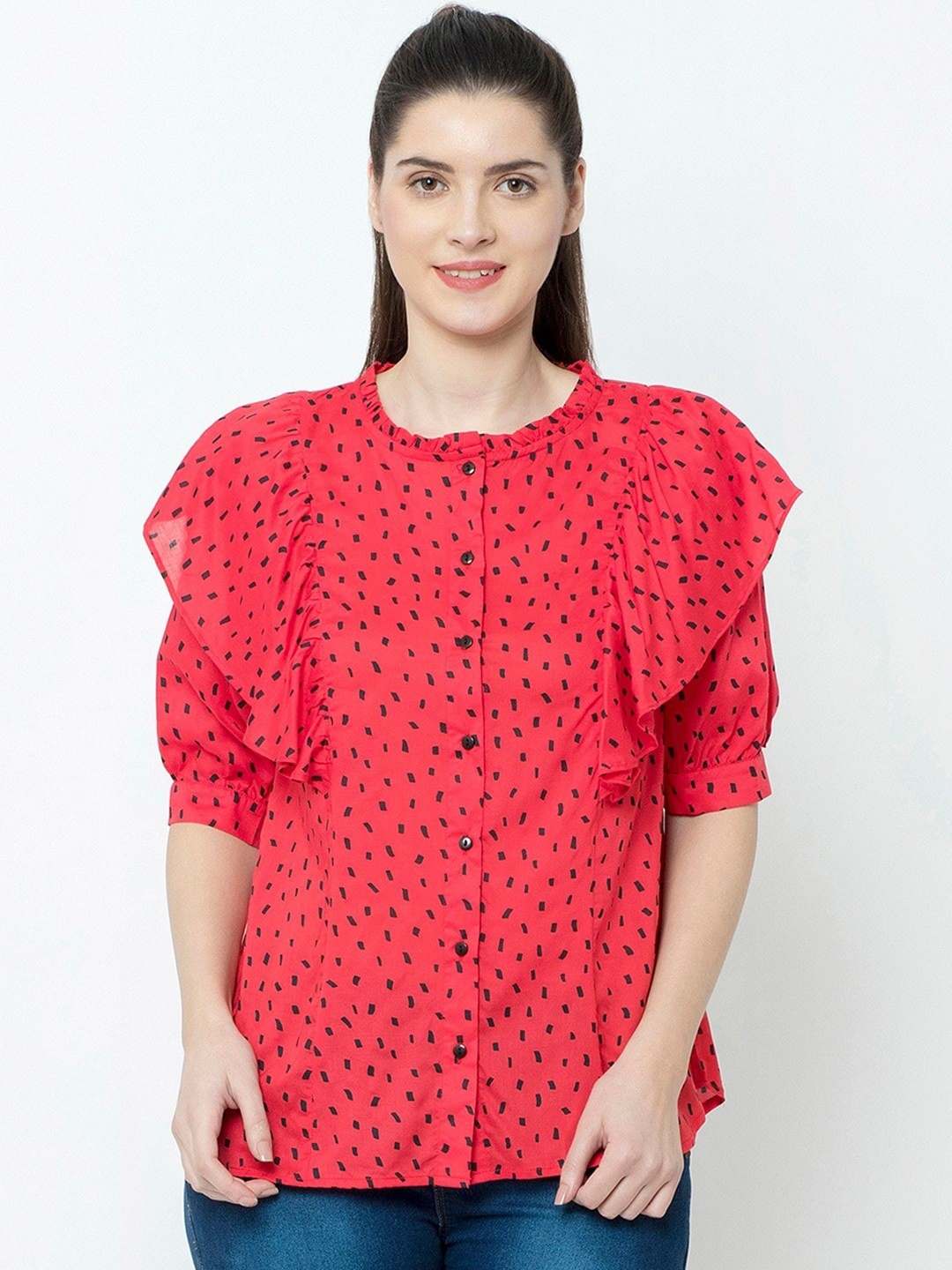 

SQew Printed Ruffled Shirt Style Top, Red