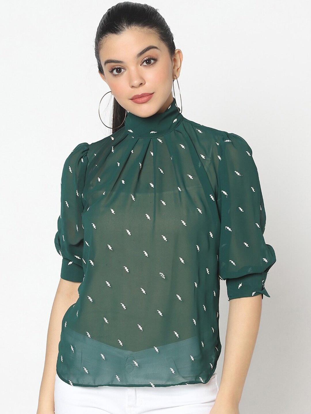 

SQew Embroidered High Neck Puff Sleeves Georgette Top, Green