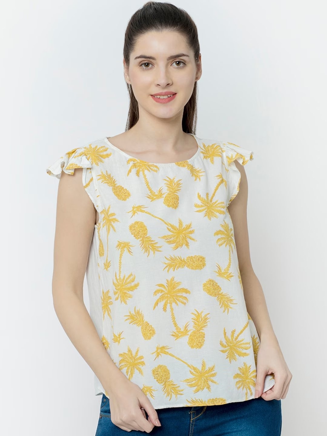 

SQew Tropical Printed Round Neck Flared Sleeves Top, White