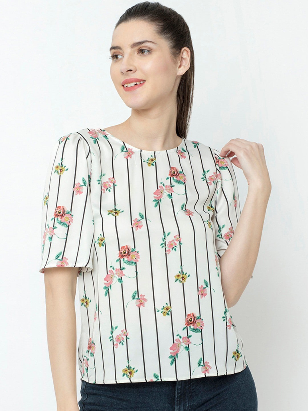 

SQew Floral Printed Round Neck Flared Sleeves Top, Off white