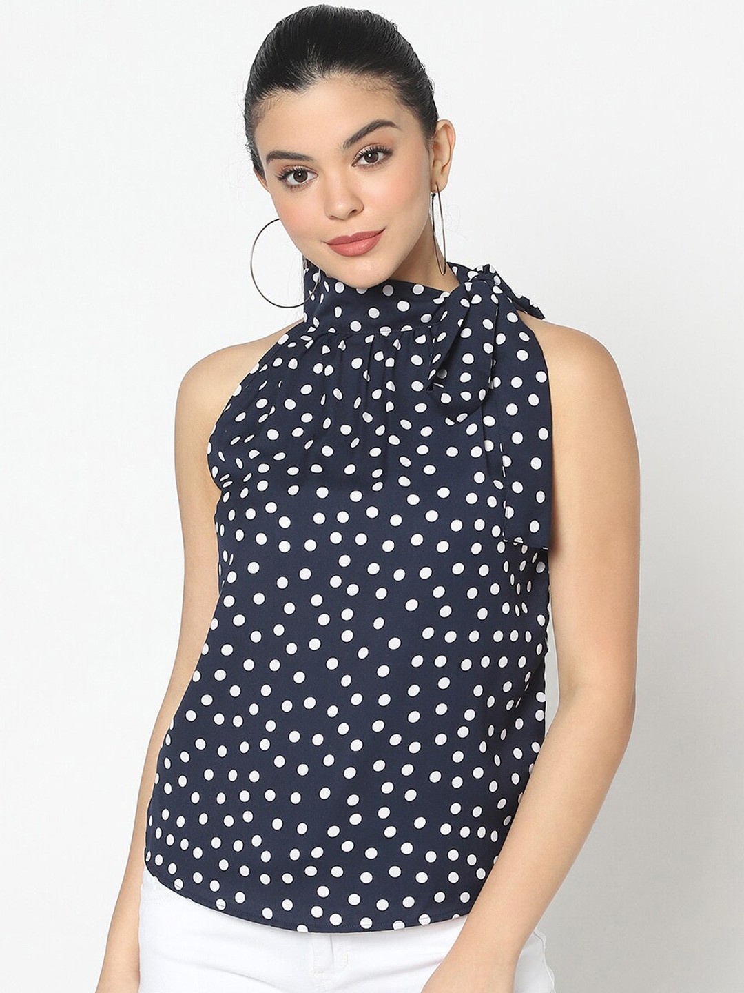 

SQew Polka Dots Printed High Neck Georgette Top, Navy blue