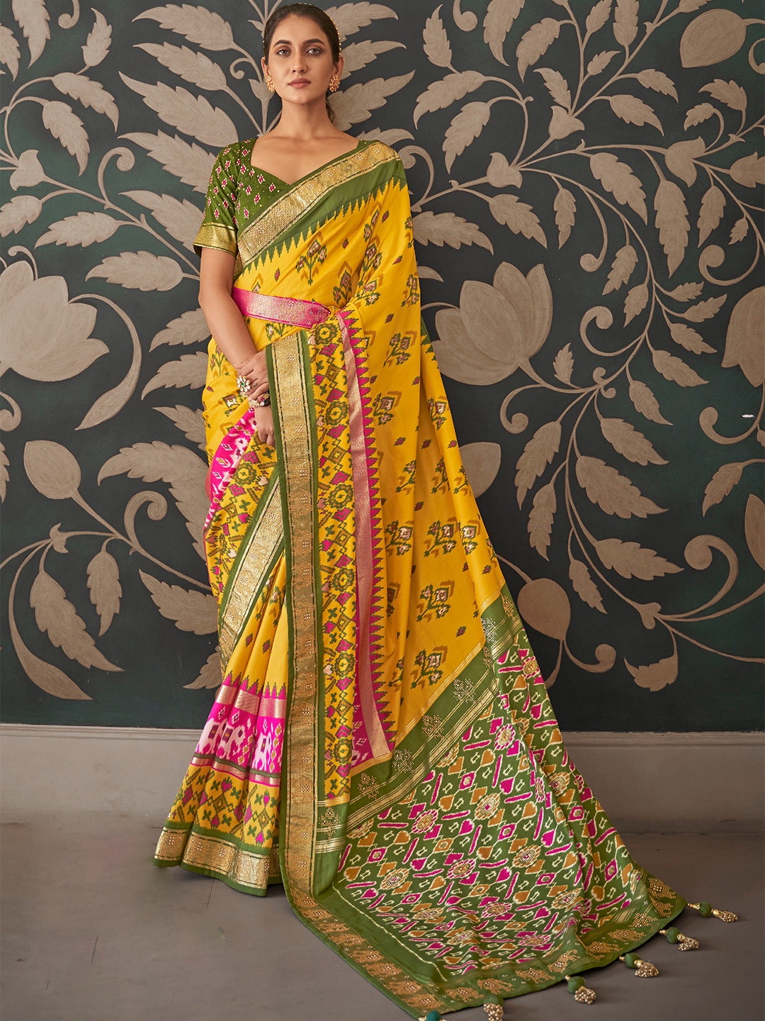 

Mitera Ethnic Motifs Printed Pure Silk Saree, Mustard