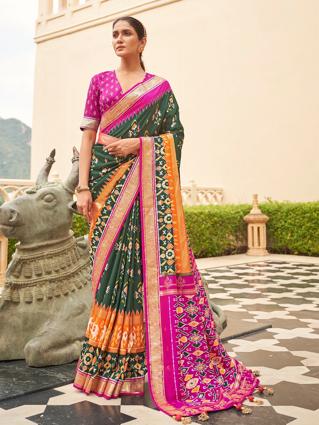 

Mitera Ethnic Motif Printed Beads Work Pure Silk Saree, Green