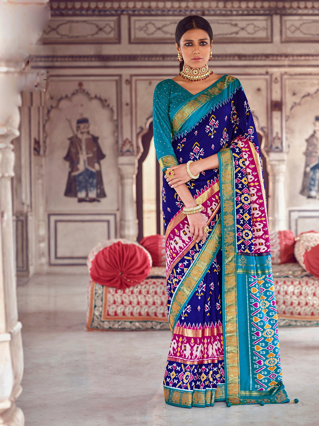 

Mitera Ethnic Motif Printed Beads Work Pure Silk Patola Saree, Navy blue