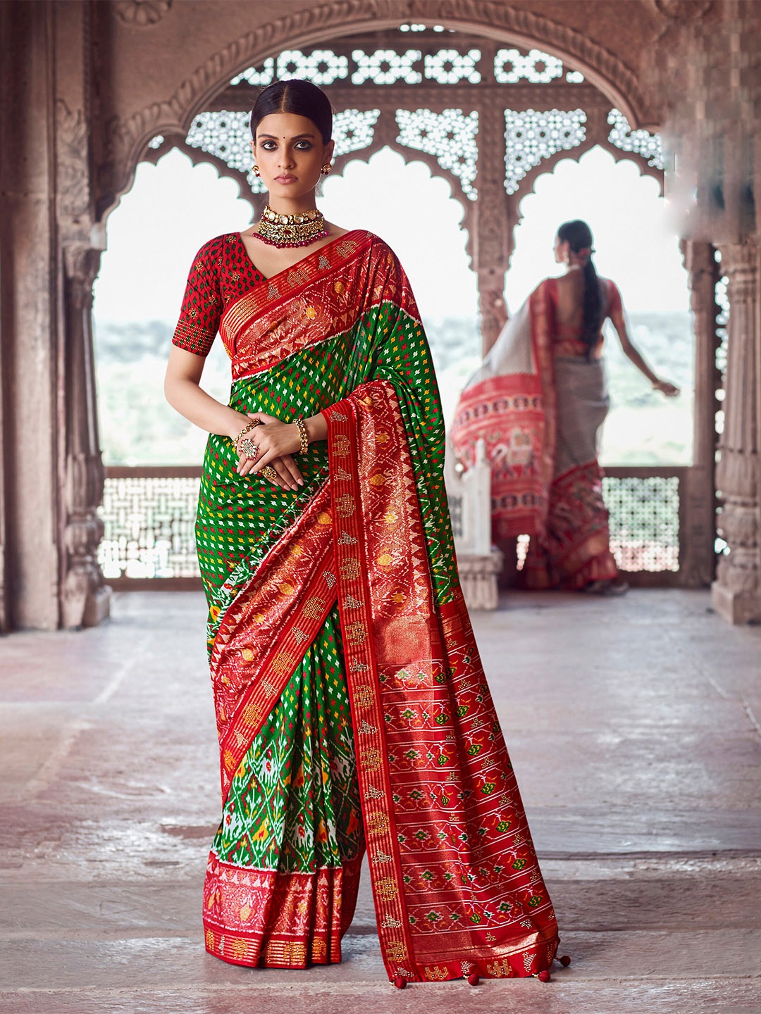 

Mitera Ethnic Motifs Printed Pure Silk Patola Saree, Green