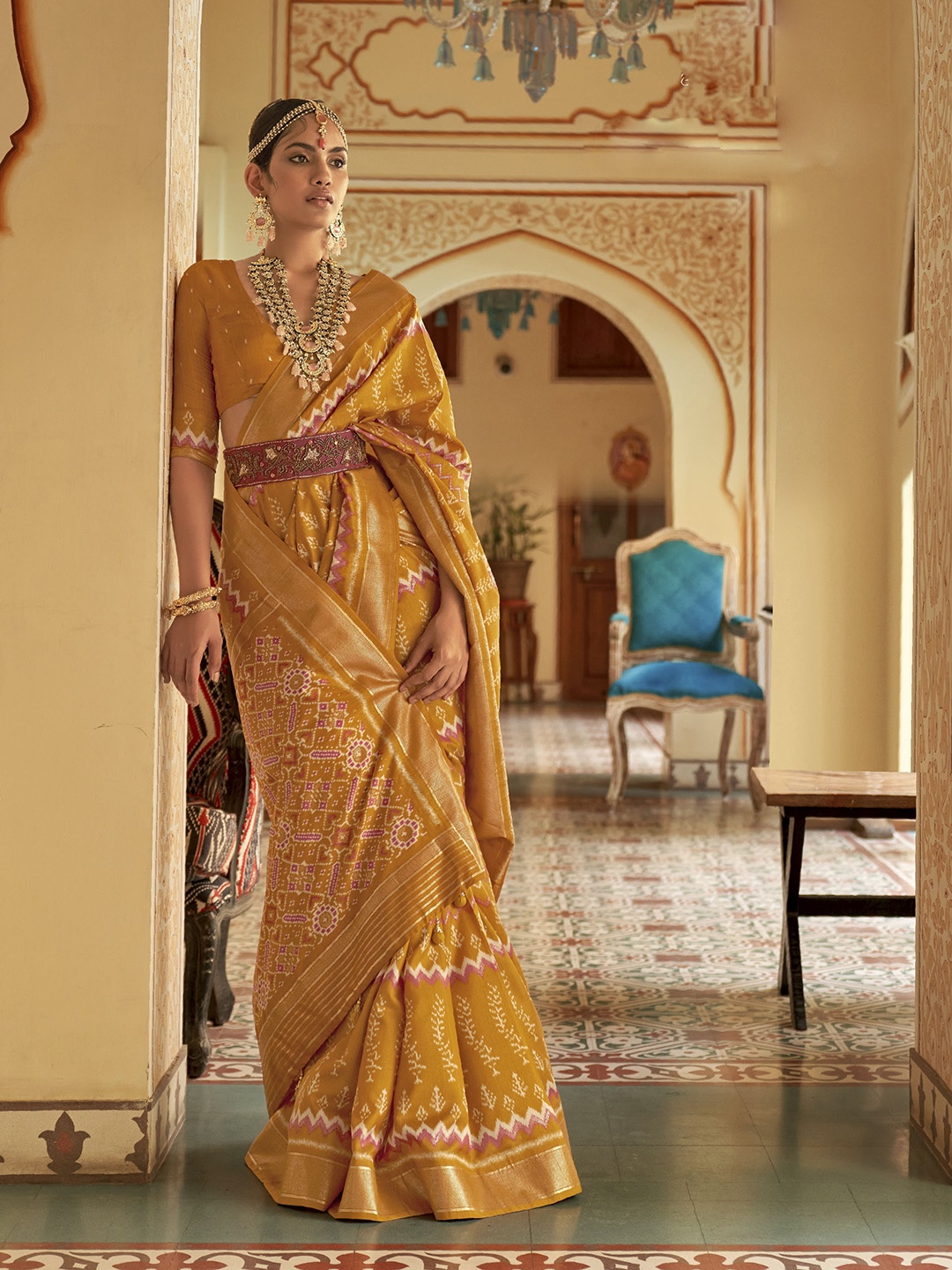 

Mitera Ethnic Motifs Printed Zari Pure Silk Saree, Mustard