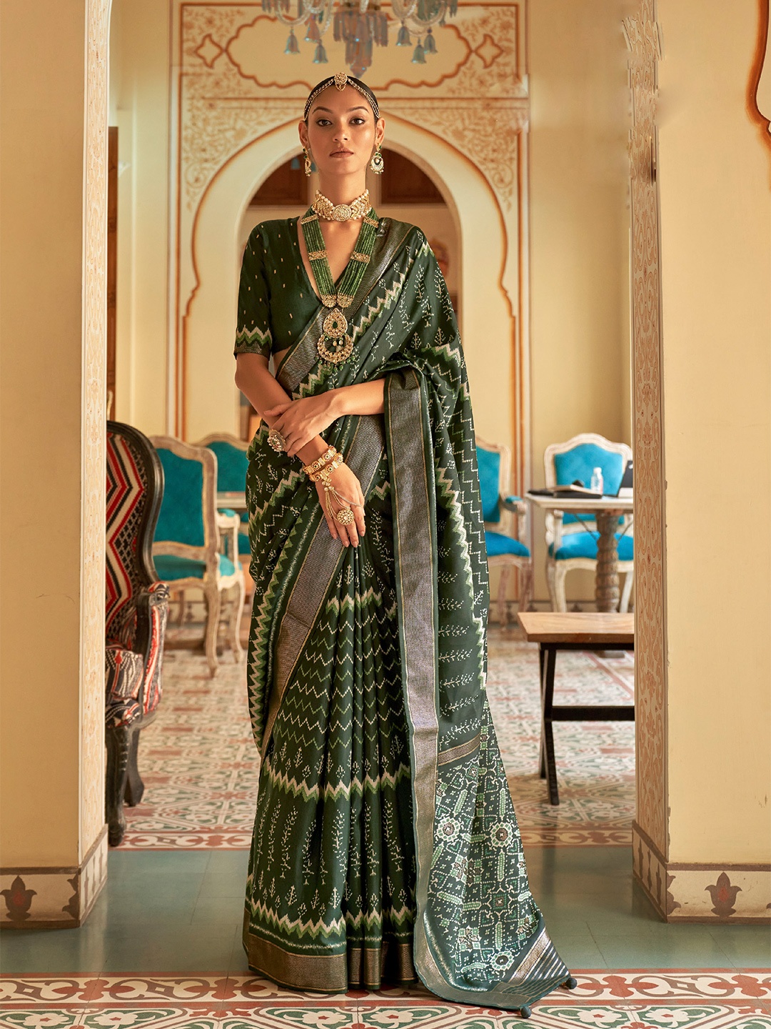 

Mitera Ethnic Motifs Printed Zari Pure Silk Saree, Green