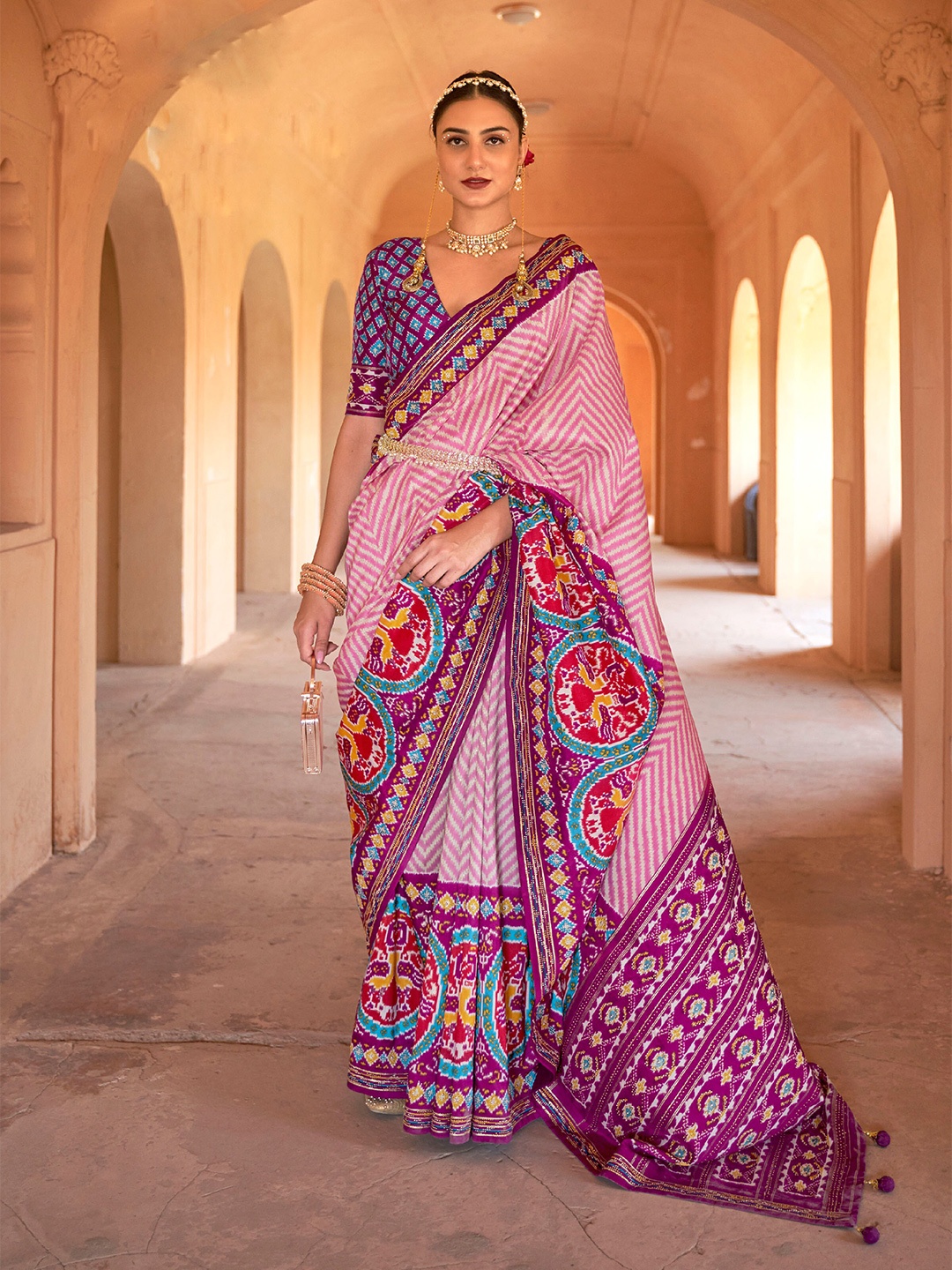 

Mitera Chevron Printed Beads Work Pure Silk Saree, Pink